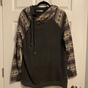Cozy, unique, asymmetrical hoodie sweatshirt. Size XL. Gray & Cream Snowflakes.